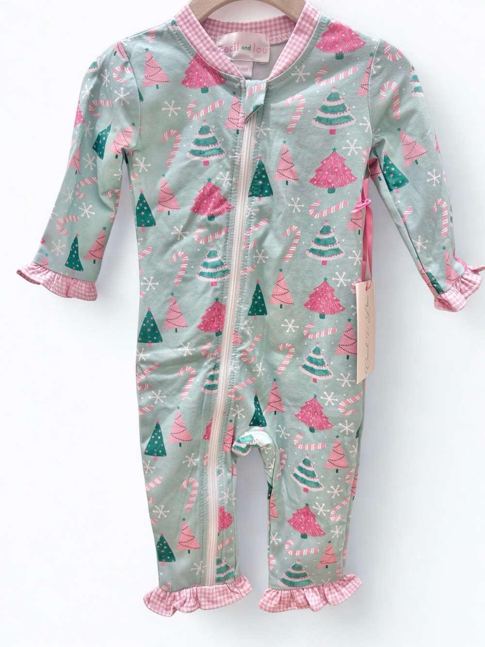 NWT Cecil and Lou Baby Girl Mint Pink Holiday Tree Zip One-Piece